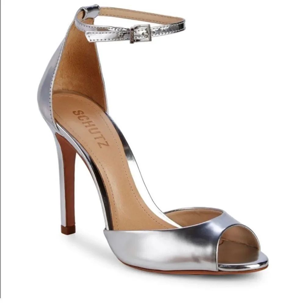 SCHUTZ SAASHA LEE Silver Metallic Ankle Strap Heels 6.5